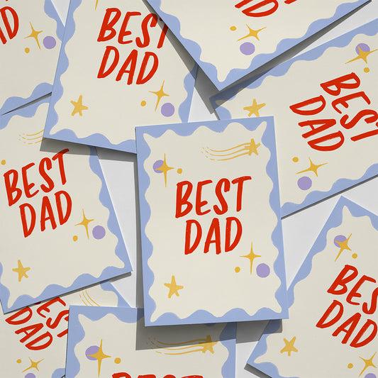 Multiple 'Best Dad' greeting cards with decorative elements on a light background