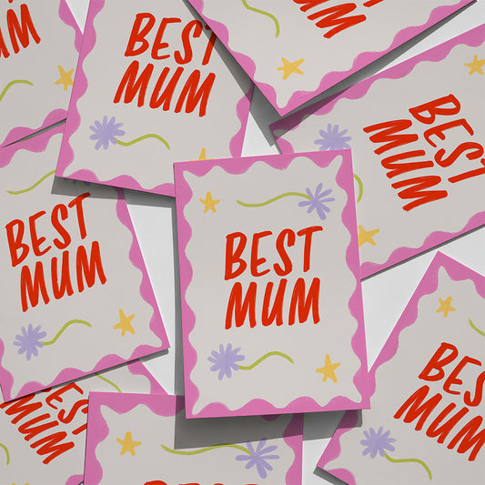 Best Mum Pink and Red Floral Greetings Card